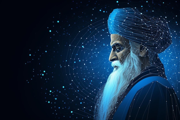 vista laterale illustrazione di Guru Nanak con sfondo neurale blu