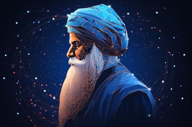 vista laterale illustrazione di Guru Nanak con sfondo neurale blu