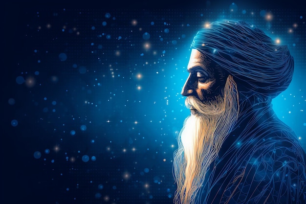 vista laterale illustrazione di Guru Nanak con sfondo neurale blu