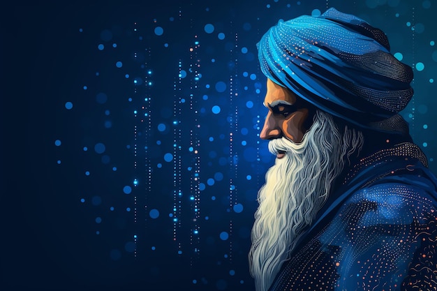 vista laterale illustrazione di Guru Nanak con sfondo neurale blu