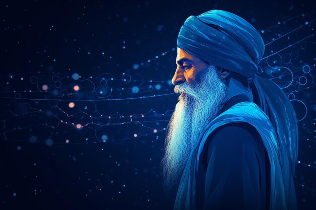 vista laterale illustrazione di Guru Nanak con sfondo neurale blu