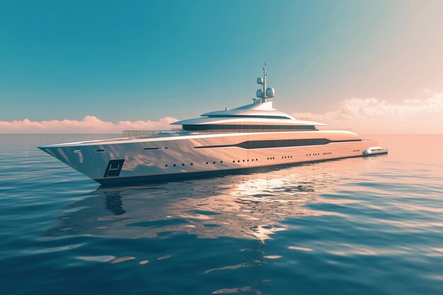 Vista laterale moderna dello yacht lungo al tramonto con rendering 3d di uccelli in volo IA generativa