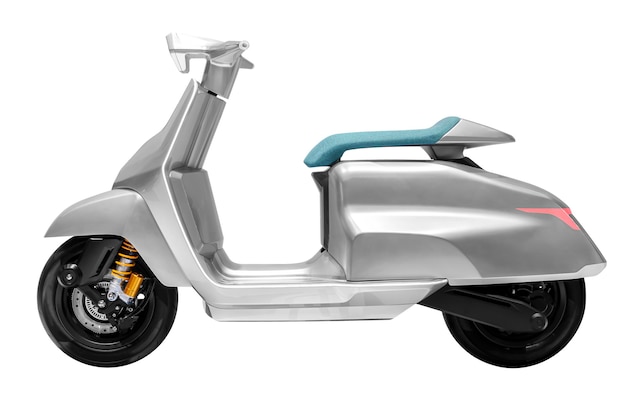 Vista laterale motocicletta elettrica grigia isolata su sfondo bianco con percorso di ritaglio