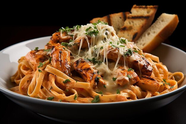 Vista laterale pasta con formaggio e pollo con fette di pane