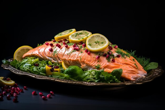 Vista laterale piatto di pesce affumicato salmone balyk con erbe pomegranate e fette di limone