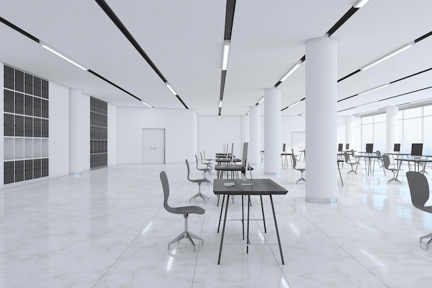 Vista laterale su aree di lavoro di colore nero in uno spazioso ufficio di coworking in stile monocromatico con lampade a LED su colonne bianche superiori e pavimento in marmo lucido rendering 3D