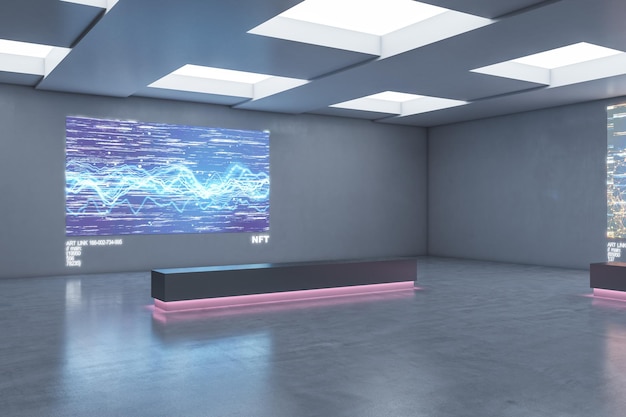 Vista laterale su pezzo d'arte digitale e panca illuminata di colore rosa sul muro di cemento nella sala della galleria dal design futuristico NFT e concetto di arte moderna rendering 3D