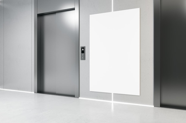 Vista laterale sul poster bianco vuoto con copyspace per il testo sul muro grigio vicino all'ascensore nel mockup di rendering 3D della sala dell'ufficio di interior design industriale