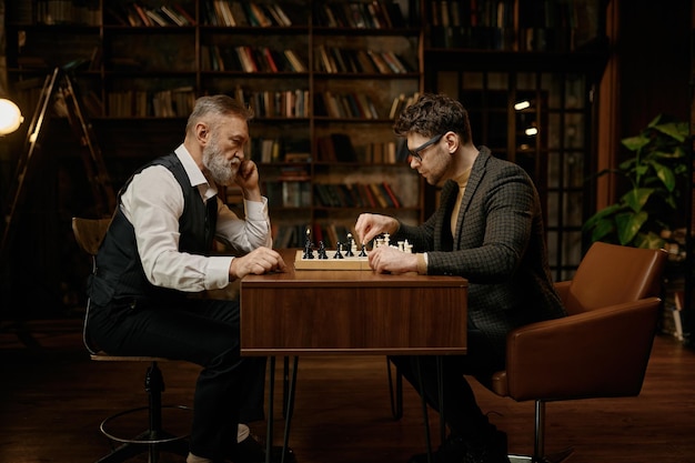 Vista laterale sull'uomo anziano e sul giovane giocatore di scacchi appassionato che ha una partita amichevole nella biblioteca di casa. Vecchio padre entusiasta che gioca con il figlio più giovane che si diverte con il gioco da tavolo logico