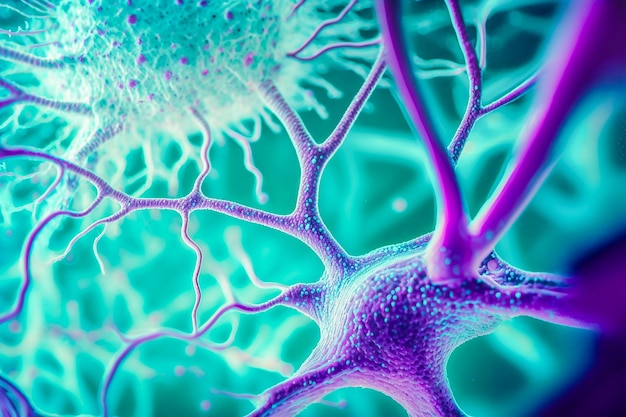 Vista macro del neurone all'interno della cellula nervosa cerebrale con intelligenza artificiale generativa