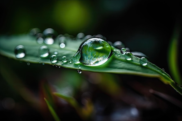 Vista macro della pianta verde nella gocciolina d'acqua con sfondo sfocato