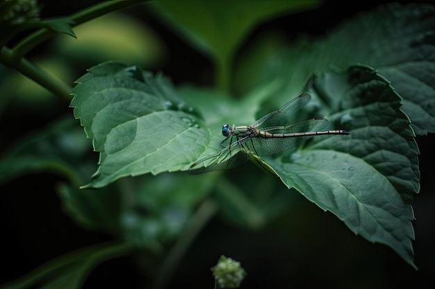 Vista macro di piante verdi con libellula appoggiata sulla foglia