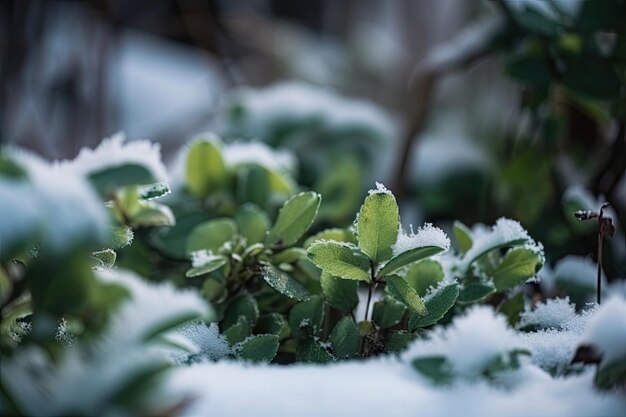 Vista macro di piante verdi con neve appena caduta