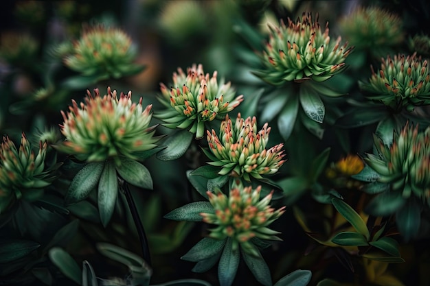 Vista macro di vivaci piante verdi con fioriture colorate