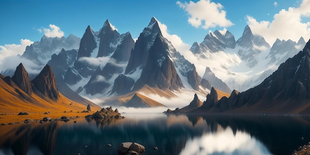 Vista maestosa del paesaggio della montagna innevata e del lago con cielo blu creato con la tecnologia generativa dell'IA