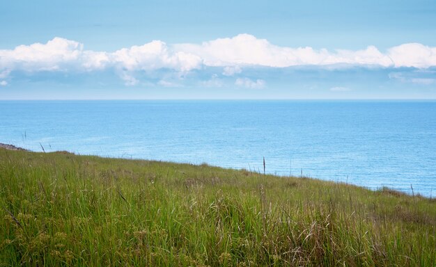 Vista mare da una collina ricoperta di erba verde con nuvole all'orizzonte