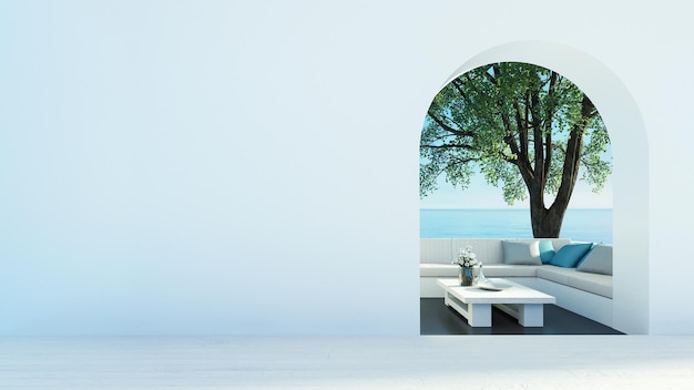 Vista mare Spiaggia di lusso che vive in stile isola di Santorini Rendering 3D