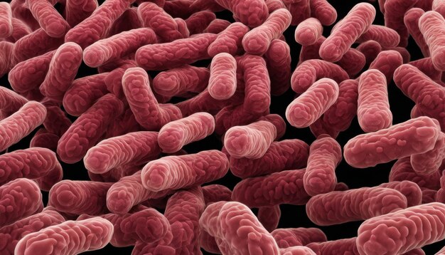Vista microscopica di un grappolo di batteri rossi