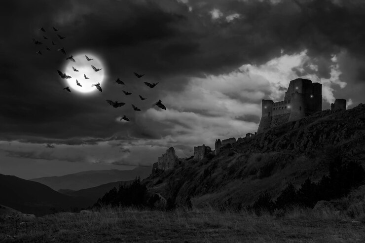 Vista mistica del castello al chiaro di luna