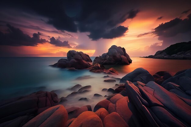 Vista mozzafiato del paesaggio marino e delle rocce al tramonto drammatico scenico Generative Ai