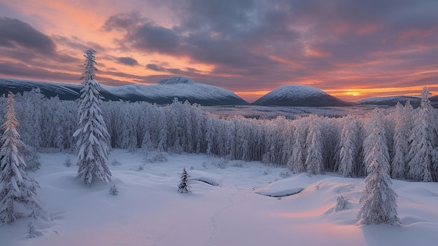 Vista mozzafiato di una foresta ricoperta di neve durante il tramonto in Norvegia