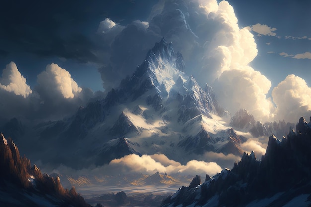 Vista mozzafiato sulle montagne innevate contro un pittoresco cielo di nuvole