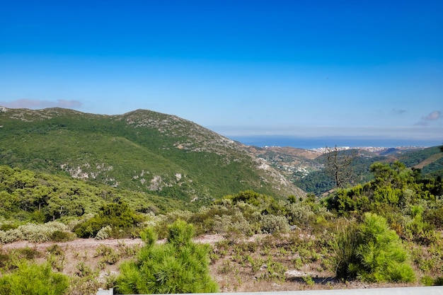 Vista naturale di un vasto paesaggio montuoso sotto un cielo blu limpido