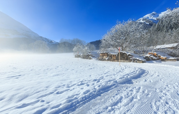 Vista nebbiosa del paese di montagna invernale con stock di legna da ardere.