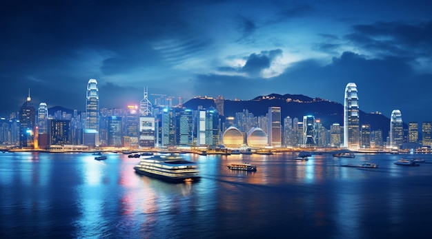 Vista notturna del porto di Victoria a Hong Kong