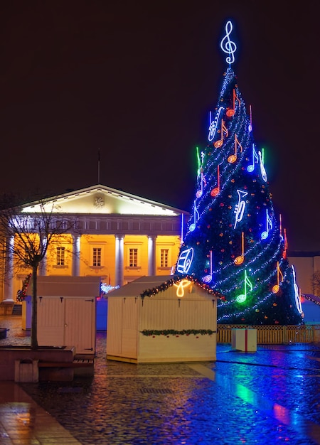 Vista notturna dell'albero di Natale sulla piazza del municipio a Vilnius, in Lituania