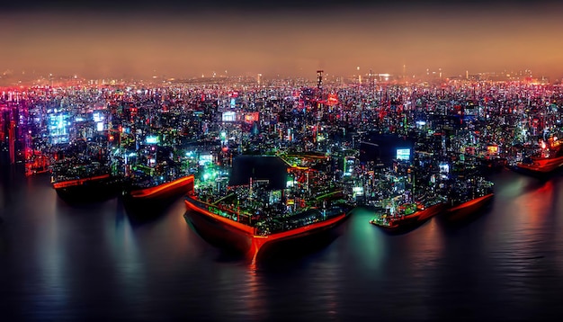 Vista notturna della città al neon dall'alto Luci notturne di insegne riflesse nell'acqua Illustrazione 3D della città astratta