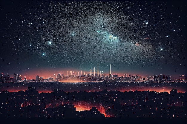 Vista notturna della città con luci che brillano e stelle che brillano nel cielo