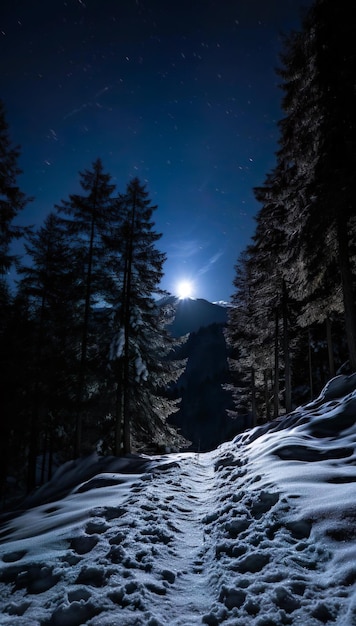 Vista notturna della foresta e della neve con la luce nel cielo