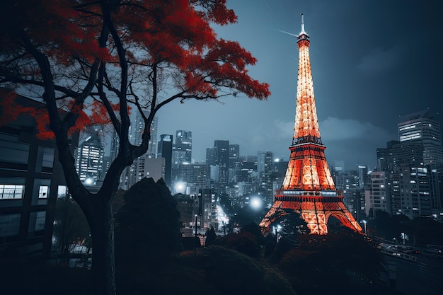 Vista notturna della Torre di Tokyo in Giappone Immagine con toni doppia esposizione Vista della città con la Torre di Tokyo Tokyo Giappone AI generato