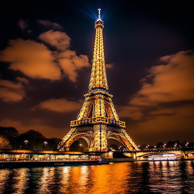 Vista notturna della Torre Eiffel a Parigi, Francia