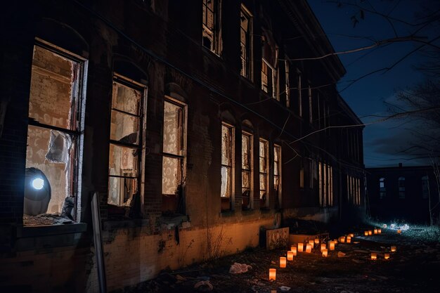 Vista notturna di un edificio abbandonato con lanterne e candele che tremolano nelle finestre