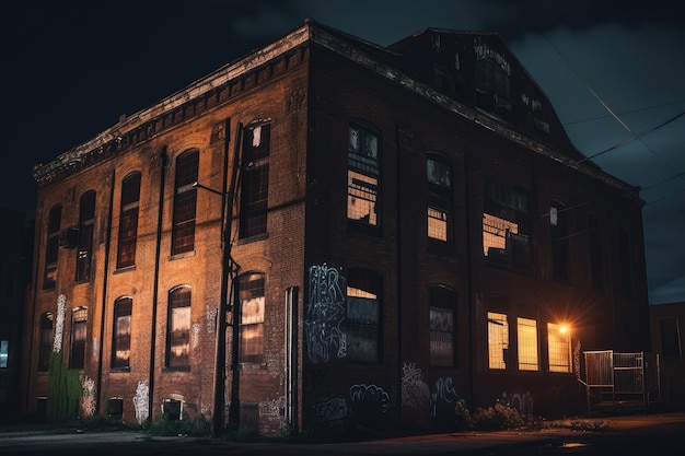 Vista notturna di un edificio abbandonato infestato con luci che brillano attraverso finestre e porte rotte