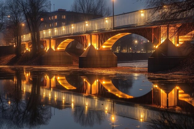 Vista notturna di un ponte illuminato e dei suoi riflessi creati con l'IA generativa