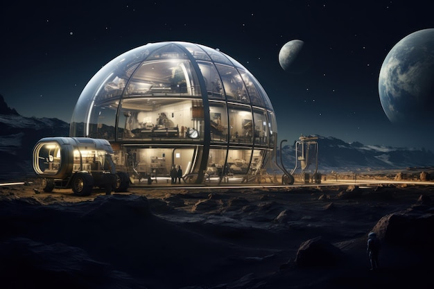 Vista notturna di una base di trasbordo sulla luna Tecnologie moderne per l'organizzazione di colonie umane su altri pianeti
