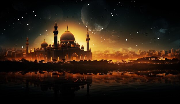 vista notturna di una città araba con una moschea e la luna nel cielo bandiera del Ramadan