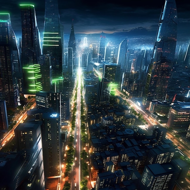Vista notturna di una città con molti edifici alti generativa ai