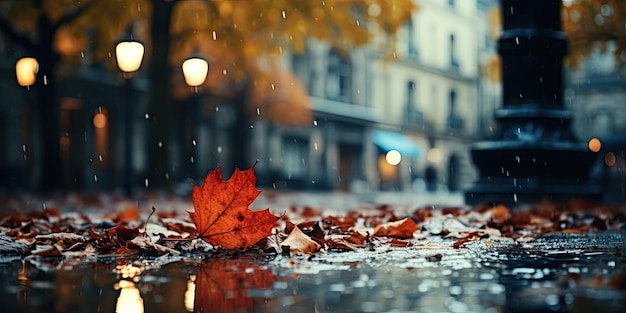 Vista offuscata della via piovosa della città europea con gli alberi gialli di autunno