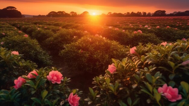 vista paesaggistica del tramonto in un campo di camellia