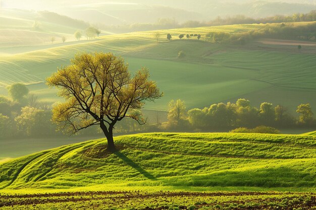 Vista paesaggistica di campi dorati con alberi nudi e montagne in autunno
