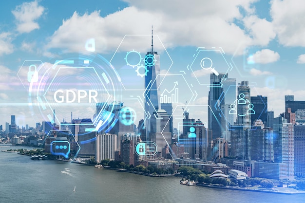 Vista panoramica aerea della città dell'elicottero di Lower Manhattan e del distretto finanziario del centro di New York USA GDPR concetto dell'ologramma della normativa sulla protezione dei dati e della privacy per tutti gli individui