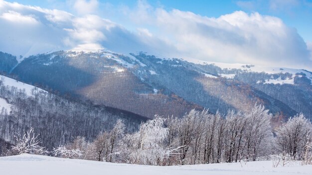 Vista panoramica aerea di alta montagna Peaks Range paesaggio epico in inverno soleggiato giorno Time Lapse Video con cielo blu nebbia e neve sfondo 4K Pan Shot della montagna dei Carpazi in Ucraina