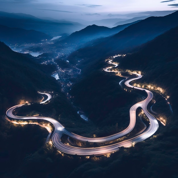 Vista panoramica aerea di una curva stradale di montagna con luci posteriori di notte