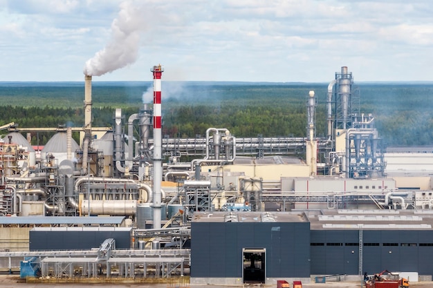 Vista panoramica aerea sul fumo di tubi di impianti di imprese chimiche o di legno Paesaggio industriale impianto di rifiuti di inquinamento ambientale Concetto di inquinamento atmosferico