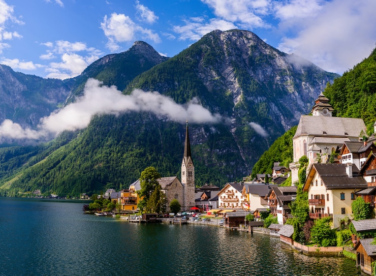 Foto vista panoramica da cartolina del famoso storico hallstatt