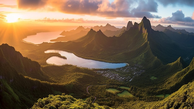 Vista panoramica dal Belvedere Lookout all'alba Moorea Generative AI